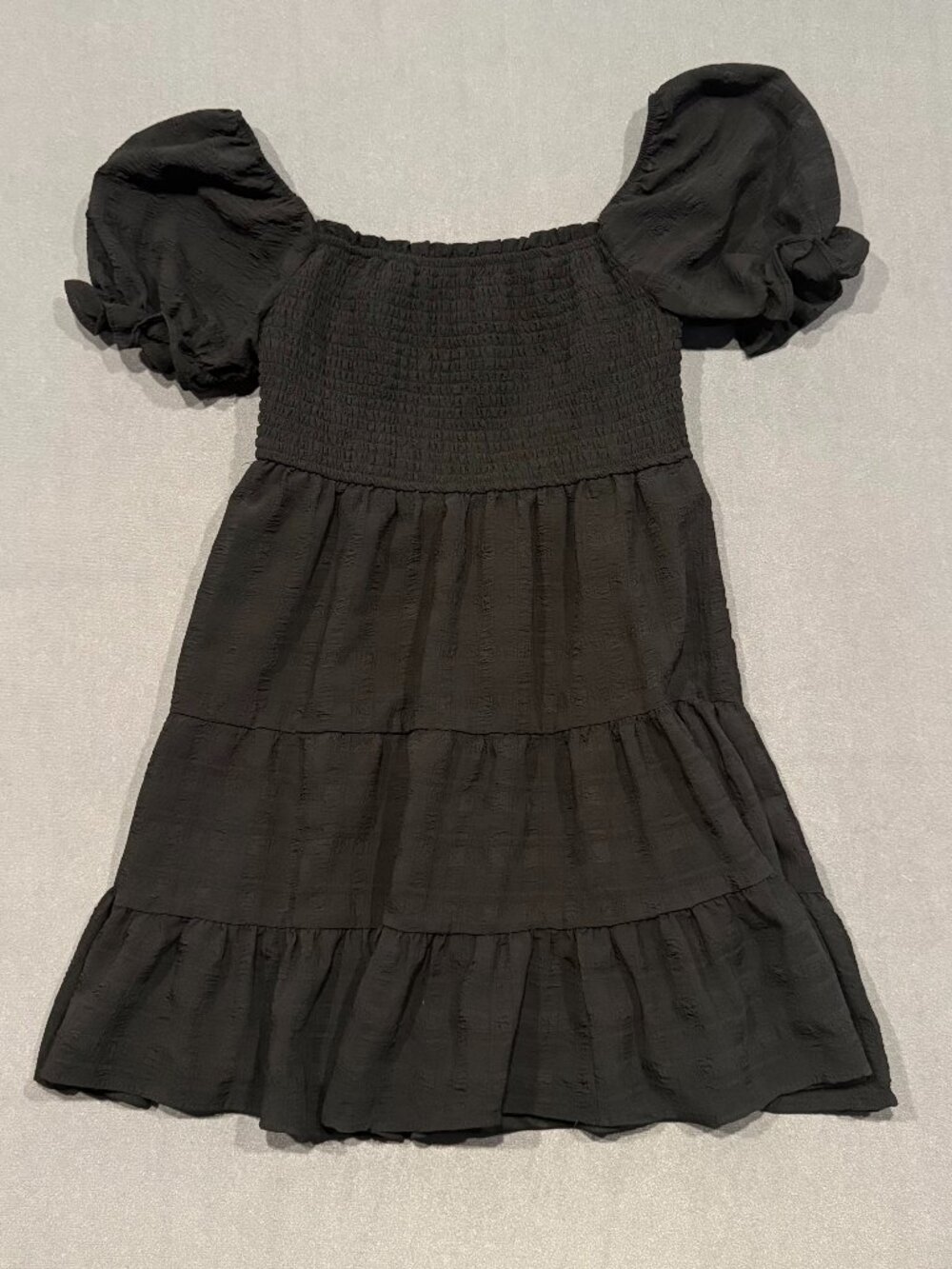 Thirty/Thirty LA Black Smocked Puff Sleeve Tiered Mini Dress Size M Boho